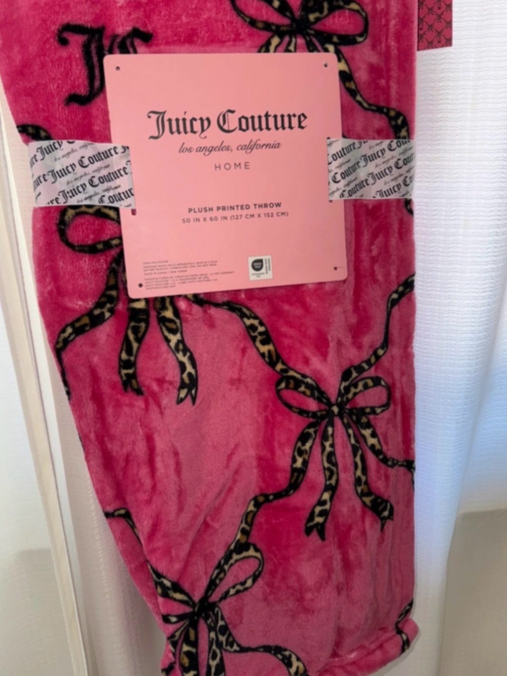 Juicy Couture Pink Plush Throw with Leopard Bow Print
